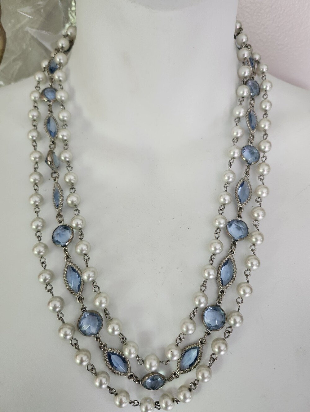 Stunning Triple-Strand Pearl Necklace with Blue Crystal Accents